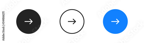 Right arrow icon in blue circle on white background. Next, continue, navigation signs. Ui interface. Enter, redirection symbols. Flat design.