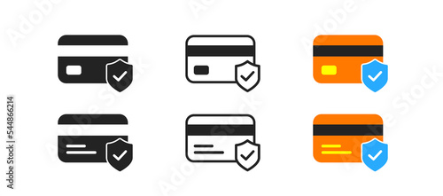 Security payment icon. Credit card with blue shield. Insurance of your finances. Strong safety, crisis, business symbol. Protecting from scam. Flat colored design.