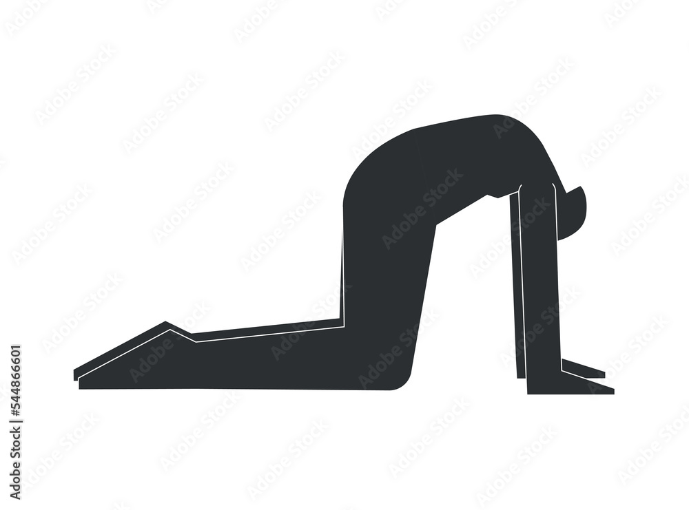 Vector isolated illustration with flat black silhouette of female person doing finess. Athletic woman learns yoga posture Marjaryasana. Sportive exercise - Cat Pose Vector isolated illustration with flat black silhouette of female person doing finess. Athletic woman learns yoga posture Marjaryasana. Sportive exercise - Cat Pose