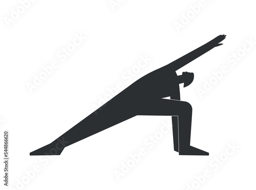 Vector isolated illustration with flat black silhouette of female person doing finess. Athletic woman learns yoga posture Utthita Parsvakonasana. Sportive exercise - Extended Side Angle Pose