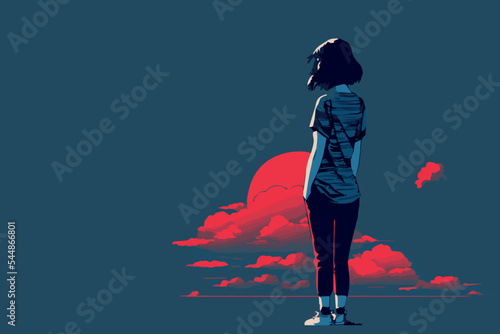Sad girl looking in the distance. Negative unhappy feeling. Depression, loneliness. Thinking. Heartbroken woman. Nostalgic, girl thinking about the past. Emotional art. Vector, comic illustration.