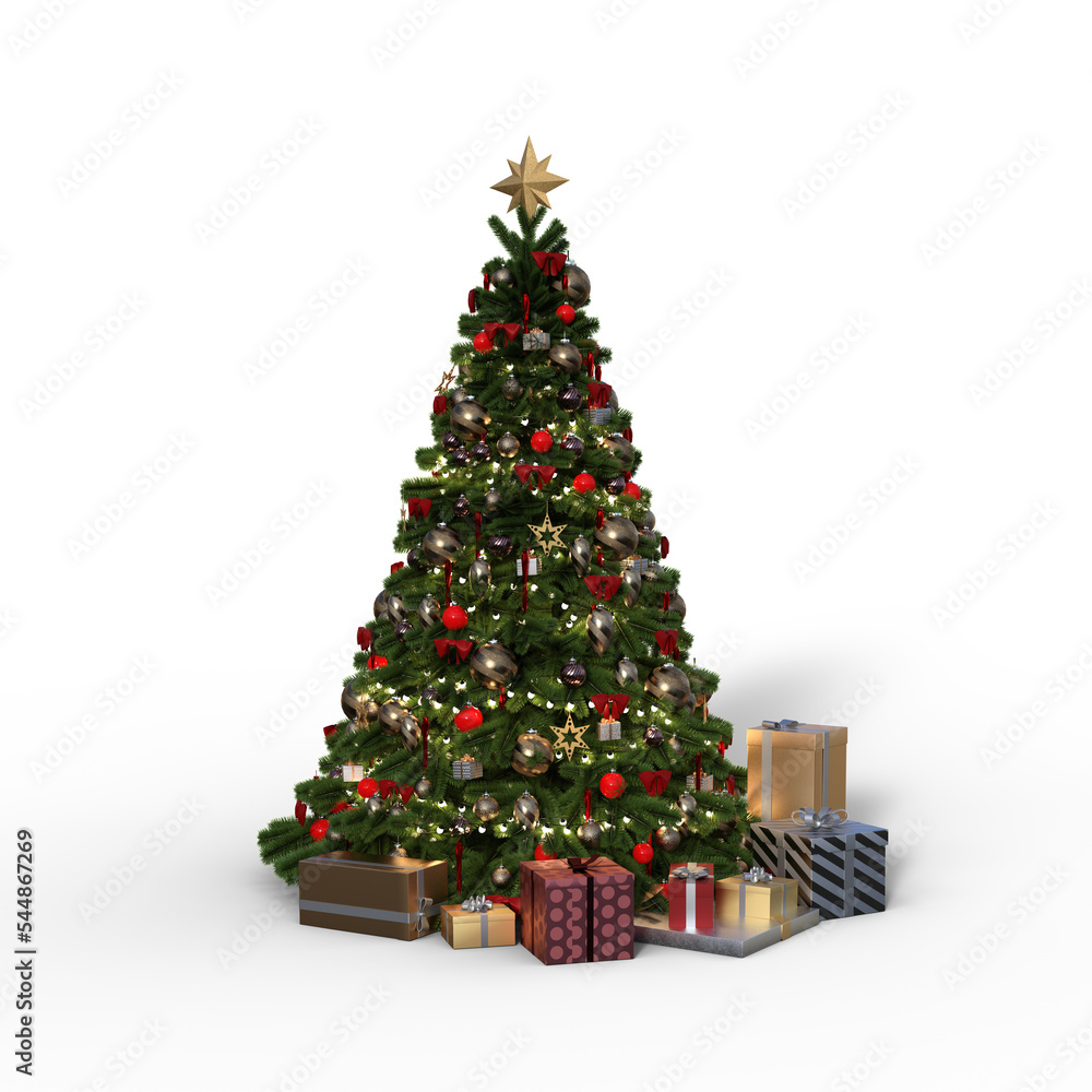 3D rendering of a Christmas tree decorated with baubels and tinsel with lights, a star on top and presents on the floor isolated on a transparent background. 3D rendering of a Christmas tree decorated with baubels and tinsel with lights, a star on top and presents on the floor isolated on a transparent background.