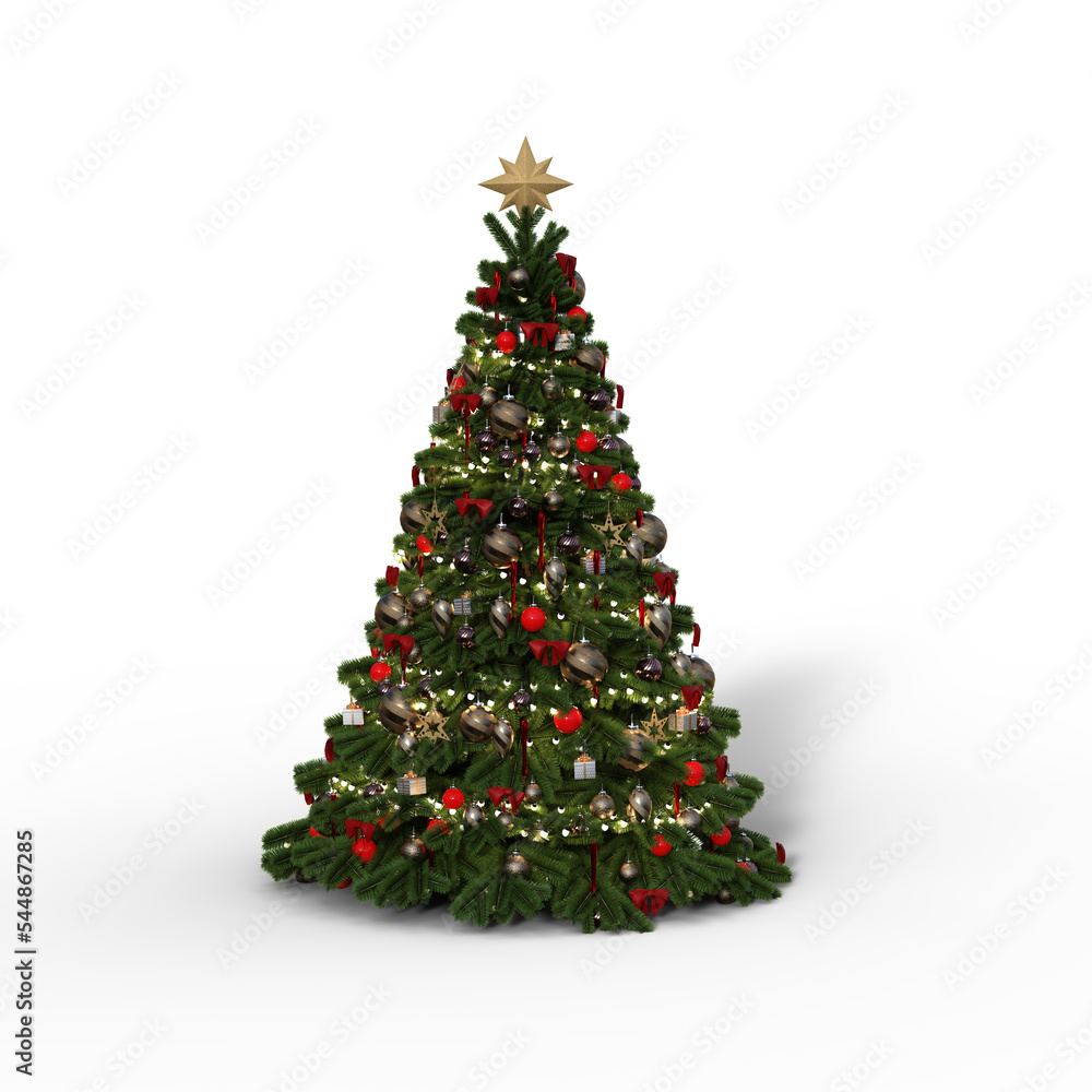 3D rendering of a Christmas tree decorated with baubles and tinsel with ...