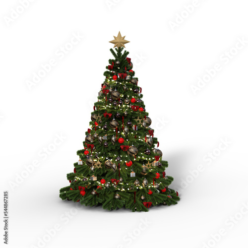 3D rendering of a Christmas tree decorated with baubles and tinsel with lights and a star on top isolated on a transparent background.
