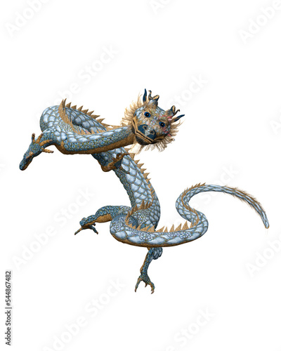 3D rendering of a long bodied dragon from Chinese folklore isolated on a transparent background.