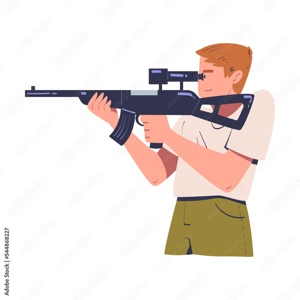 Young Man Character Shooting with Gun or Rifle Vector Illustration Young Man Character Shooting with Gun or Rifle Vector Illustration