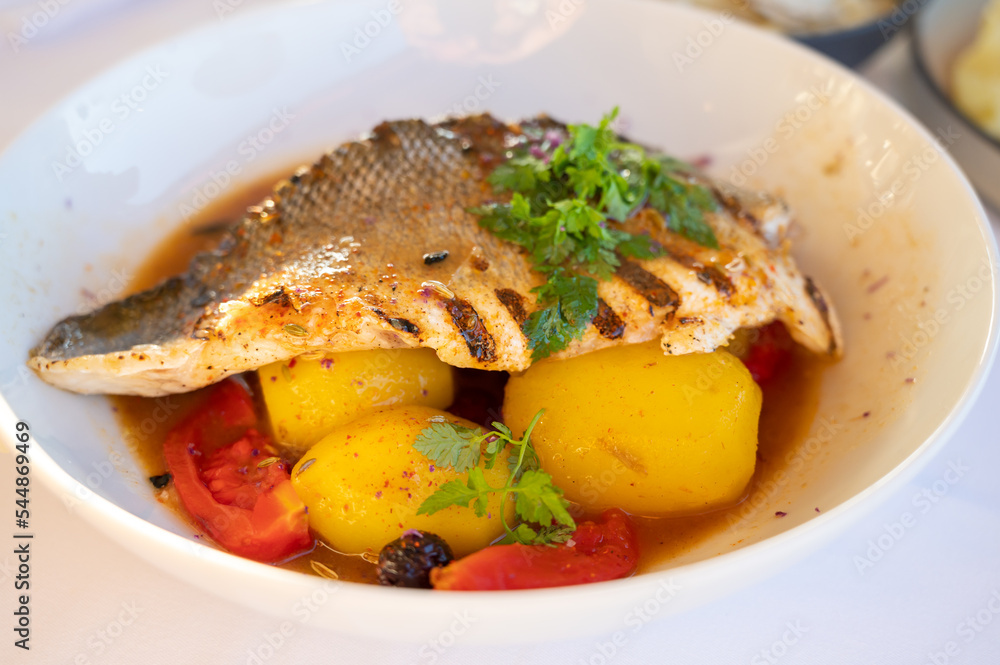 Provence cuisine, filet of seabass white fish served with potatoes