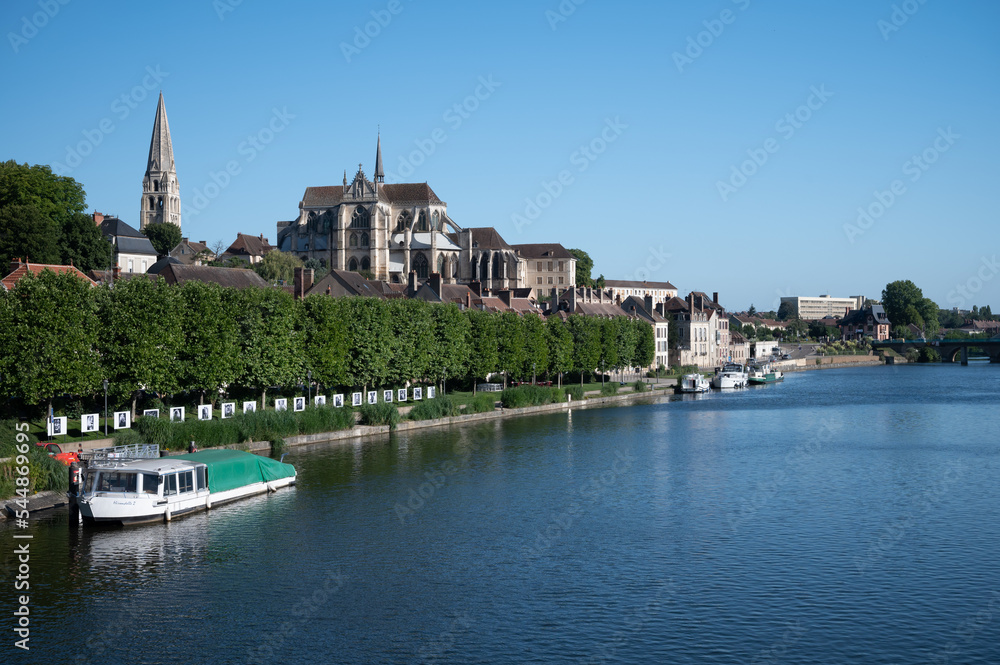 Obraz premium Old streets and houses of Auxerre, medieval city on river Yonne, north of Burgundy, France
