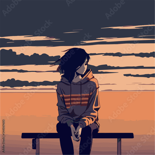Sad girl on a bench. Artwork of an emotional woman being depressed. Anxious, stressed lady Heartbroken, crying woman. Sunset on a bench artwork. Vector illustration of an unhappy woman. Mental health