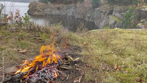 Bright flame of burning bonfire in dark on background of pine forest in evening at sunset day summer. Burning branches in the fire, tongues of flame. Hiking. Tourism. Travel. Lifestyle Go Everywhere photo