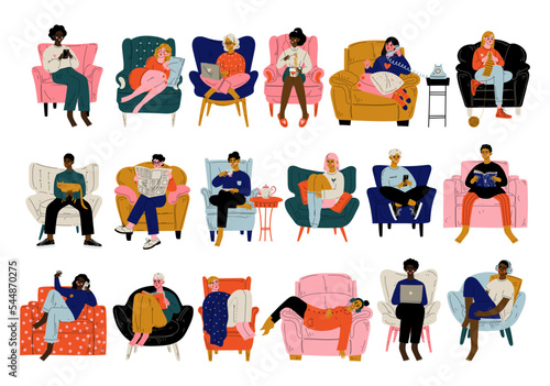People Characters Sitting at Home in Comfortable Armchair and Resting Big Vector Set