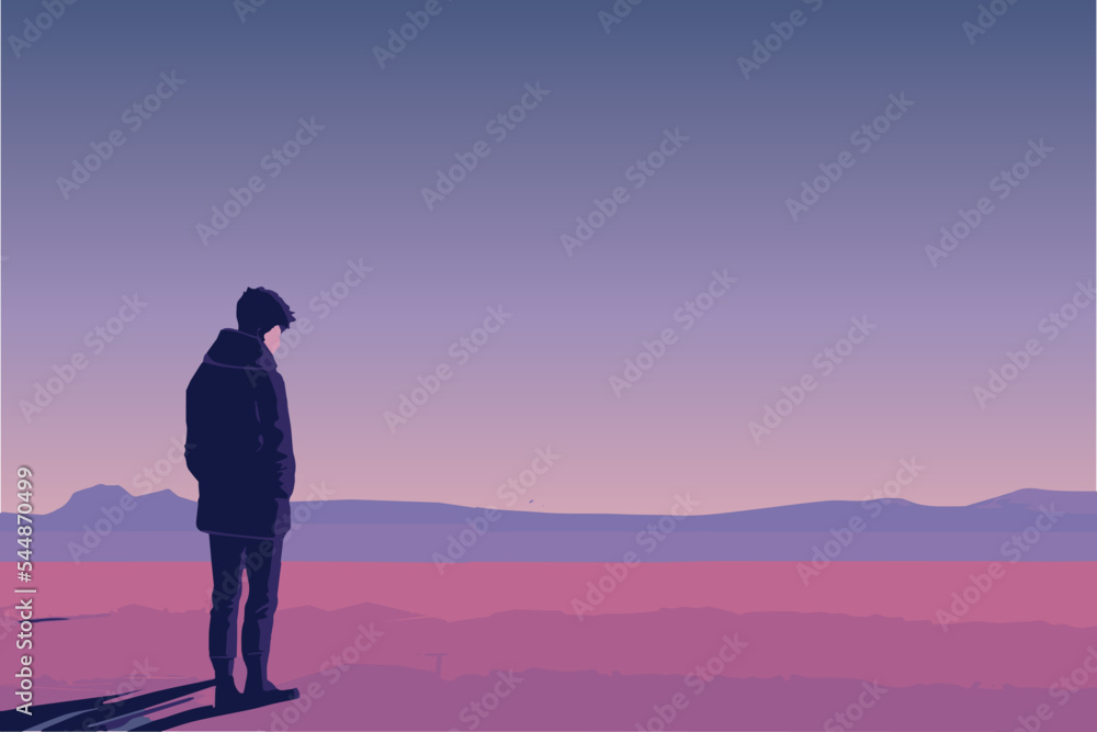 Sad depressed man. Vector illustration. Male depression. Tired adult. Negative unhappy emotions. Young worker despairing. Isolated lonely man. Feeling of failure. Sick headache. Frustration vector art