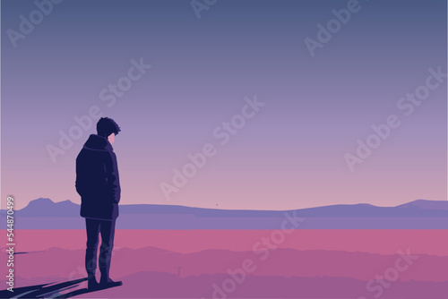 Sad depressed man. Vector illustration. Male depression. Tired adult. Negative unhappy emotions. Young worker despairing. Isolated lonely man. Feeling of failure. Sick headache. Frustration vector art © Fortis Design