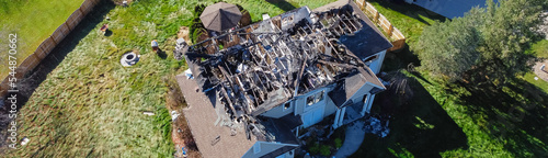Aerial panorama burnt house with destroyed single roof of two story single family home in Rochester, New York