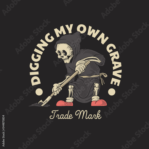 cartoon emblem of digging skull mascot with retro style