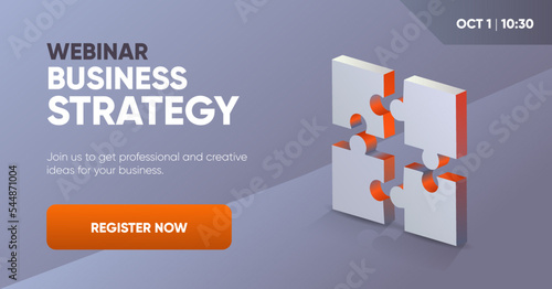 Business strategy webinar social media post template with a 3d puzzle illustration. Background and illustration for social media, banner design in vector. 