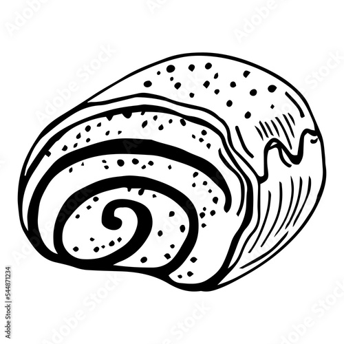 hand drawn poppy seed cake or strudel isolated on white. bun or roll filled with poppy seeds or cinnamon. engraved pastry sketch. Vector illustration of polish traditional dessert. christmas cake