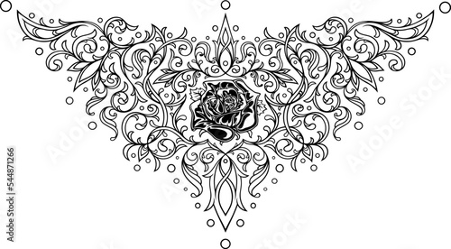 Stylized ornamental victorian gothic design with rose. Tattoo under breast, necklace shape
