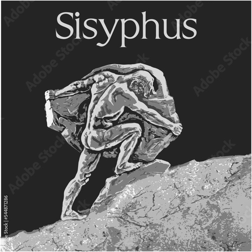 Foto Sisyphus greek myth rolling a rock in a mountain