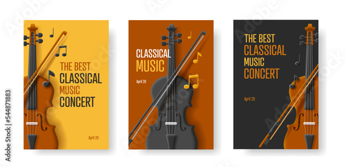 violin concert set of posters with 3d illustration of violin and notes