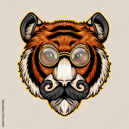 illustration of distinguished gentleman tiger head with moustache wearing glasses