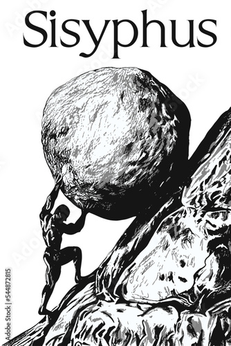 Sisyphus greek myth rolling a rock in a mountain. Guy worker strong figure climb carry goal 