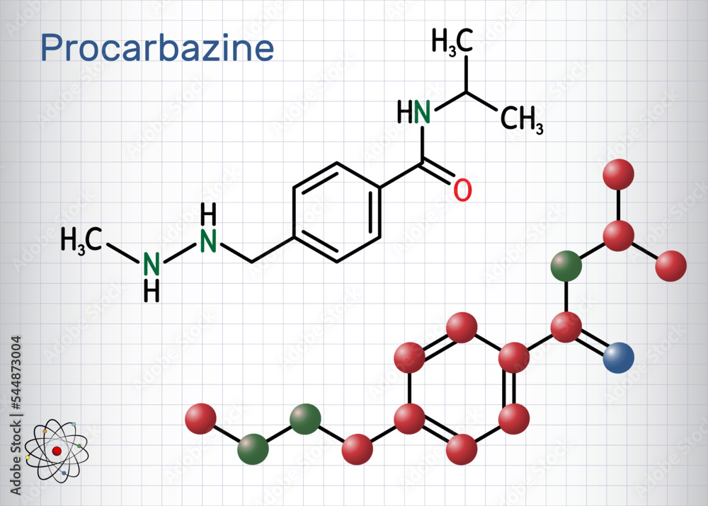 Procarbazine chemotherapy medication molecule. It is used in therapy of Hodgkin's lymphoma, malignant melanoma. Structural chemical formula, molecule model. Sheet of paper in a cage Procarbazine chemotherapy medication molecule. It is used in therapy of Hodgkin's lymphoma, malignant melanoma. Structural chemical formula, molecule model. Sheet of paper in a cage