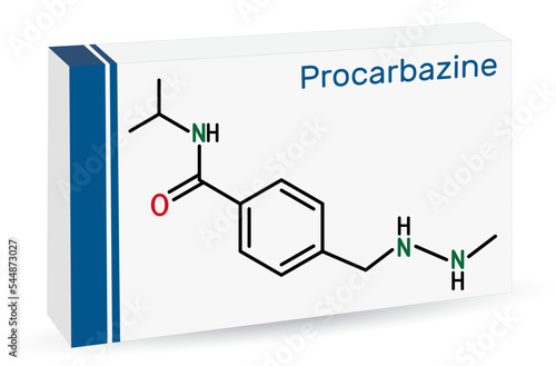 Procarbazine chemotherapy medication molecule. It is used in therapy of Hodgkin's lymphoma, malignant melanoma. Skeletal chemical formula. Paper packaging for drugs