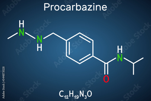 Procarbazine chemotherapy medication molecule. It is used in therapy of Hodgkin's lymphoma, malignant melanoma. Structural chemical formula on the dark blue background. photo