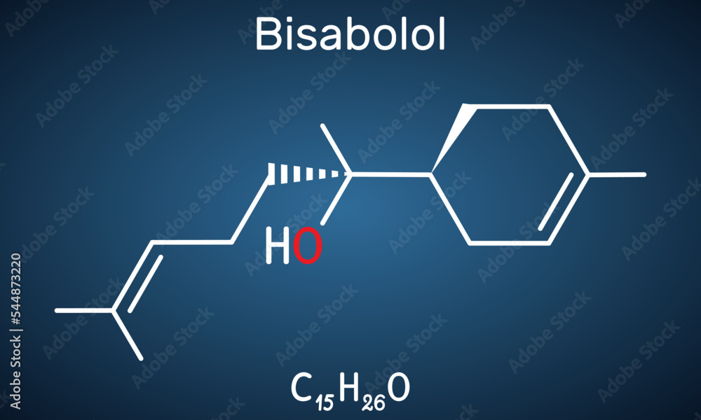 Bisabolol, alpha-Bisabolol, levomenol molecule. It is natural monocyclic sesquiterpene alcohol, used in various fragrances. Structural chemical formula on the dark blue background.