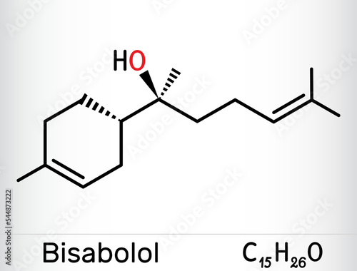 Bisabolol, alpha-Bisabolol, levomenol molecule. It is natural monocyclic sesquiterpene alcohol, used in various fragrances. Skeletal chemical formula