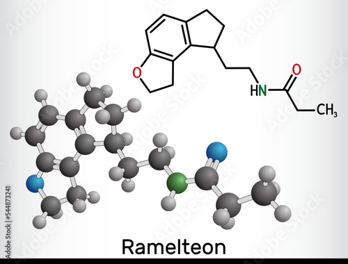 Ramelteon molecule. It is melatonin receptor agonist, used to treat insomnia. Structural chemical formula, molecule model.