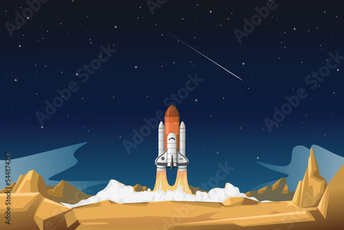 Rocket Spaceship Space Shuttle Take Off and Launch on the mission from the Planet Surface to Outer Starry Sky Background Vector Illustration, good for science astronomy education content