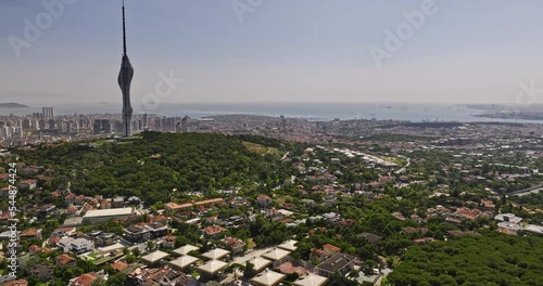 Istanbul Turkey Aerial v81 flyover camlica hill in kısıklı neighborhood capturing downtown cityscape and iconic çamlıca tower with sea of marmara in the background - Shot with Mavic 3 Cine - July 2022 photo