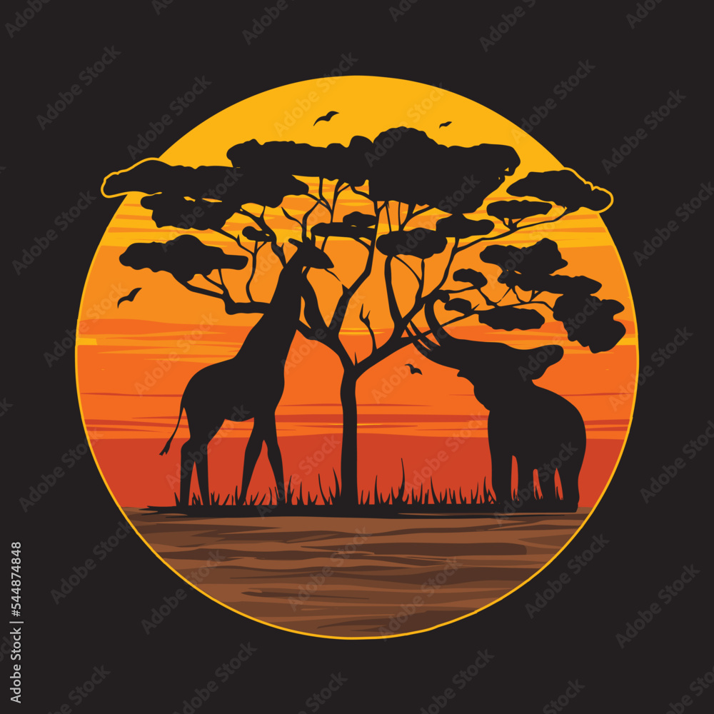 Vintage Retro Sunset Art Of Zoo T Shirt Design And Sticker Stock Vector vintage-retro-sunset-art-of-zoo-t-shirt-design-and-sticker-stock-vector