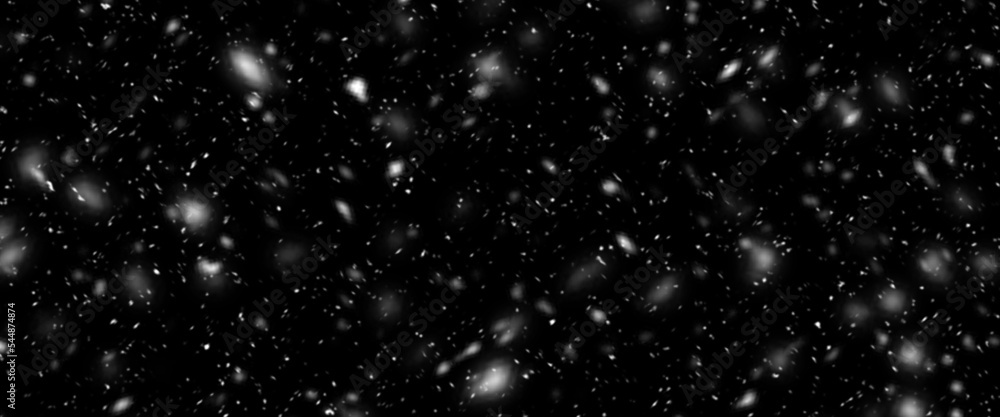 Different realistic falling snow or snowflakes. Falling snow isolated on black background. Winter snowfall illustration. Bokeh lights on black background, flying snowflakes in the air. Snow at night.	