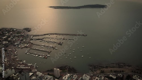 bird's eye view of the marina and Gorriti Island Punta del Este City Beach in Uruguay on a cloudy day. photo