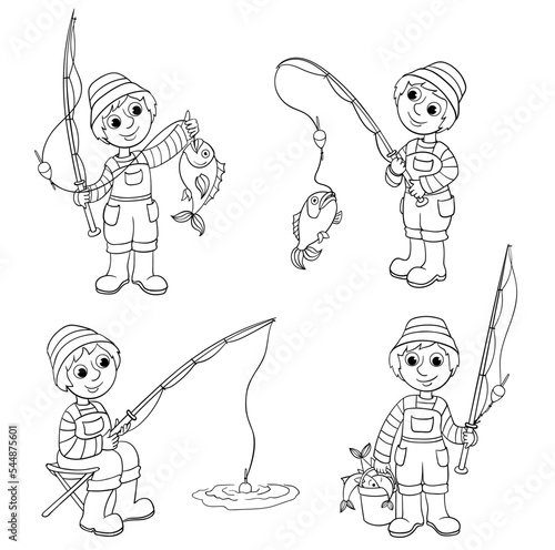 Set of cartoon fisherman with rod and fish. Line vector illustration isolated on white.