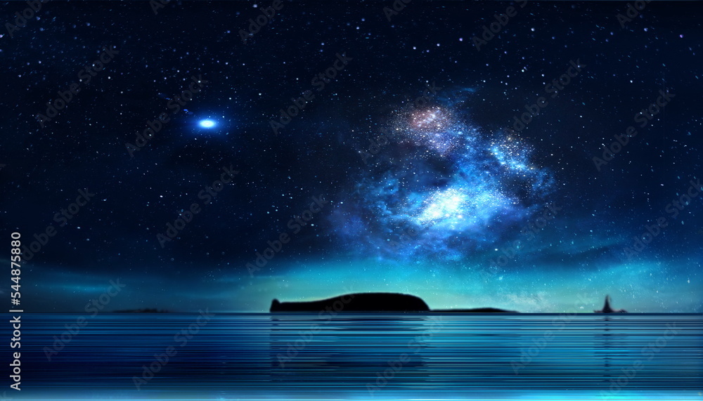 Night starry sky nebula on sea light reflection nature landscape