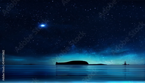 Night starry sky star flares faiilng stars on sea light reflection nature landscape