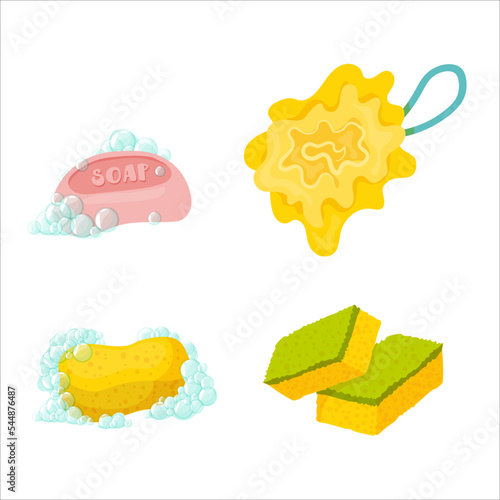 A set of items for the bathroom. Bath, towel, cosmetics for skin care and personal hygiene. Detergents. Vector illustration on a white background.
