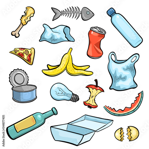 Set of trash cartoon things. Vector illustration isolated on white.