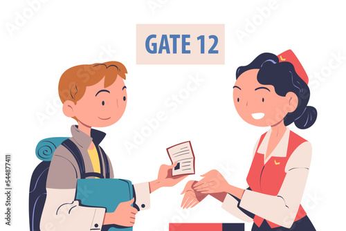 Man Character at the Airport Gate with Backpack and Passport Boarding Plane Vector Illustration