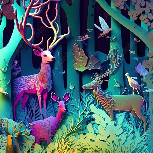 Paper cut art illustration. Forest and whild animals elements carved in paper, colorful image, multidimensional, 3d deppth illusion. photo