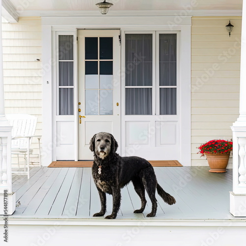Dog on a wooden porch in front of the door, glass windows, white balance digitally altered