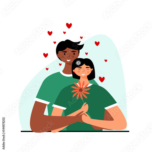 Flat design character of boy hug his girlfriend. Young couple cuddling and in love ilustration vector. Cute couple dating ilustration.