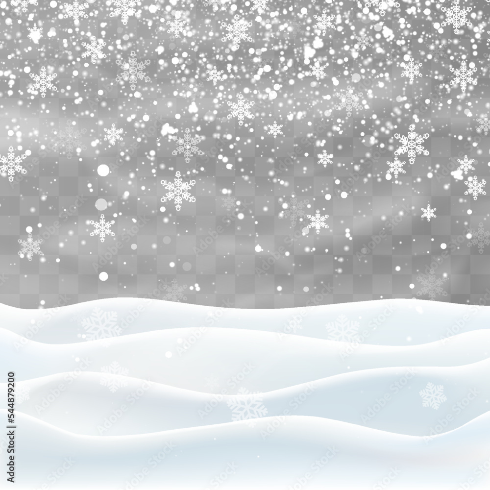 Christmas snow and snowdrifts isolated on png background. Snowflakes falling on the frozen hiils. Vector heavy snowfall. Snow flakes, snow and blizzard. Snow landscape decoration.