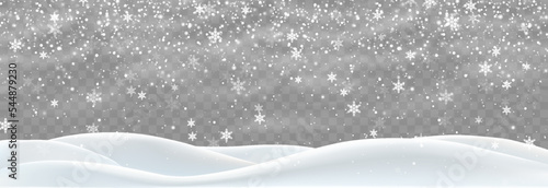 Christmas snow and snowdrifts isolated on png background. Snowflakes falling on the frozen hiils.
Vector heavy snowfall. Snow flakes, snow and blizzard. Snow landscape decoration.