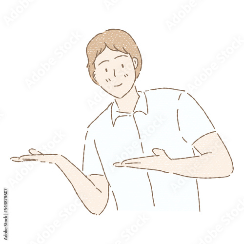 Man spreading his hands to the side to invite. Welcome gesture. Hand drawn flat cartoon character vector illustration in colored pencil texture.