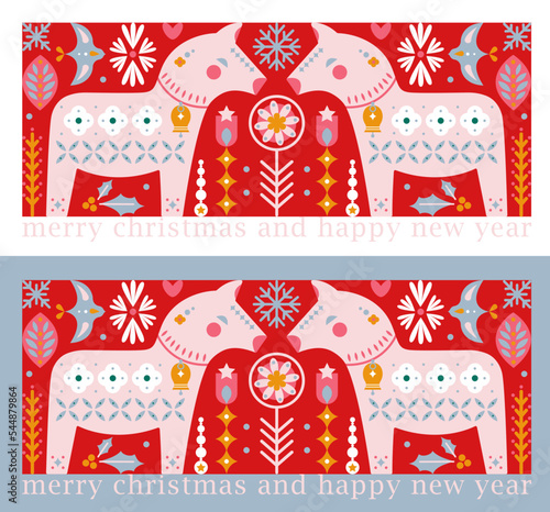 christmas winter ethnic folk folklore with horse ornament design backgrounds set for card, postcard, poster, fabric